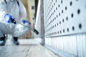 Professional technician performing pest control services in UAE by Good Life Pest Control UAE, spraying treatment along wall edges to eliminate insects.