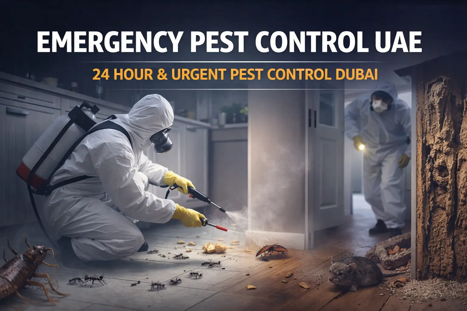 Two technicians in protective gear performing emergency pest control UAE, spraying for cockroaches, rodents, and severe termite damage.