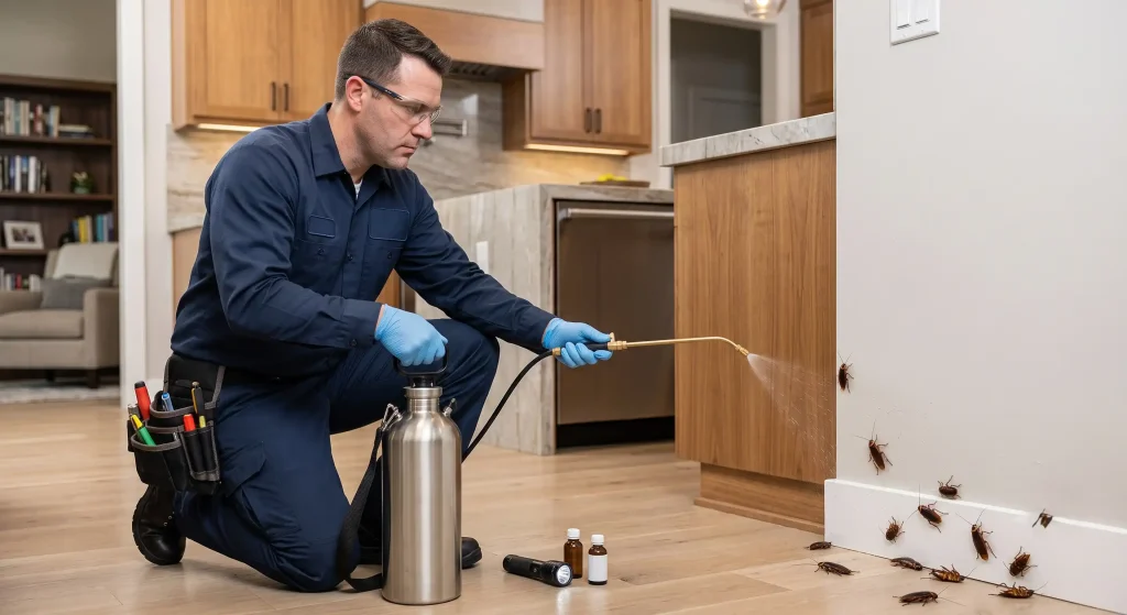 Cockroach pest control technician in Dubai spraying residual treatment along kitchen baseboard where cockroaches gather