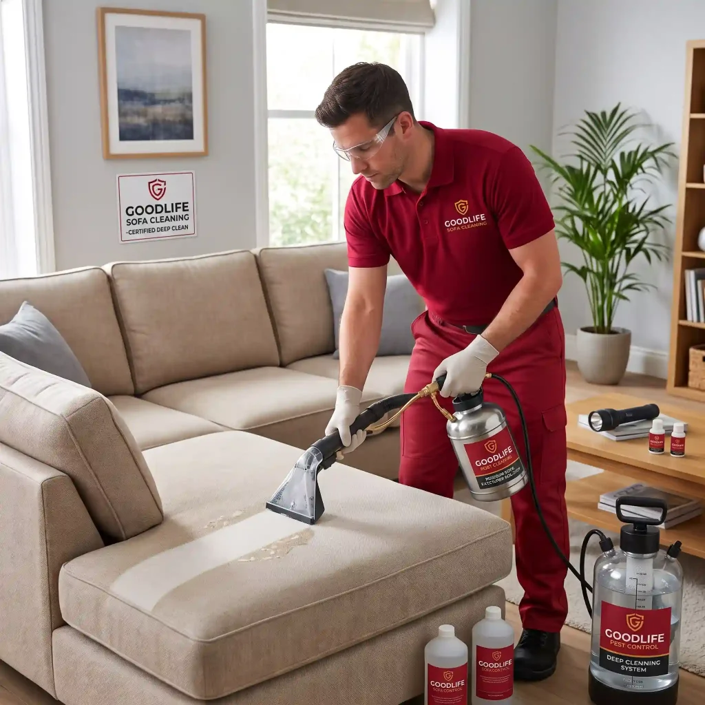 A professional sofa cleaning technician from Goodlife Sofa Cleaning, a certified sofa cleaning company in Dubai, using a deep extraction machine on a beige fabric sectional sofa in a bright, modern living room in Dubai.