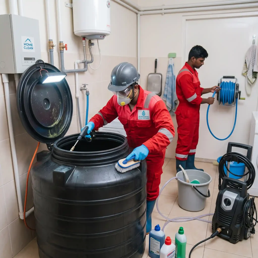 Two Dubai Municipality-approved technicians in red coveralls professionally cleaning a large residential water tank in a utility room in Dubai. One technician scrubs the tank interior, while the other manages a hose reel and pressure washer.