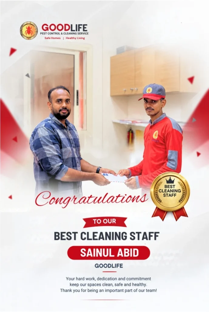 Good Life Pest Control team recognising Sainul Abid as Best Cleaning Staff in Dubai